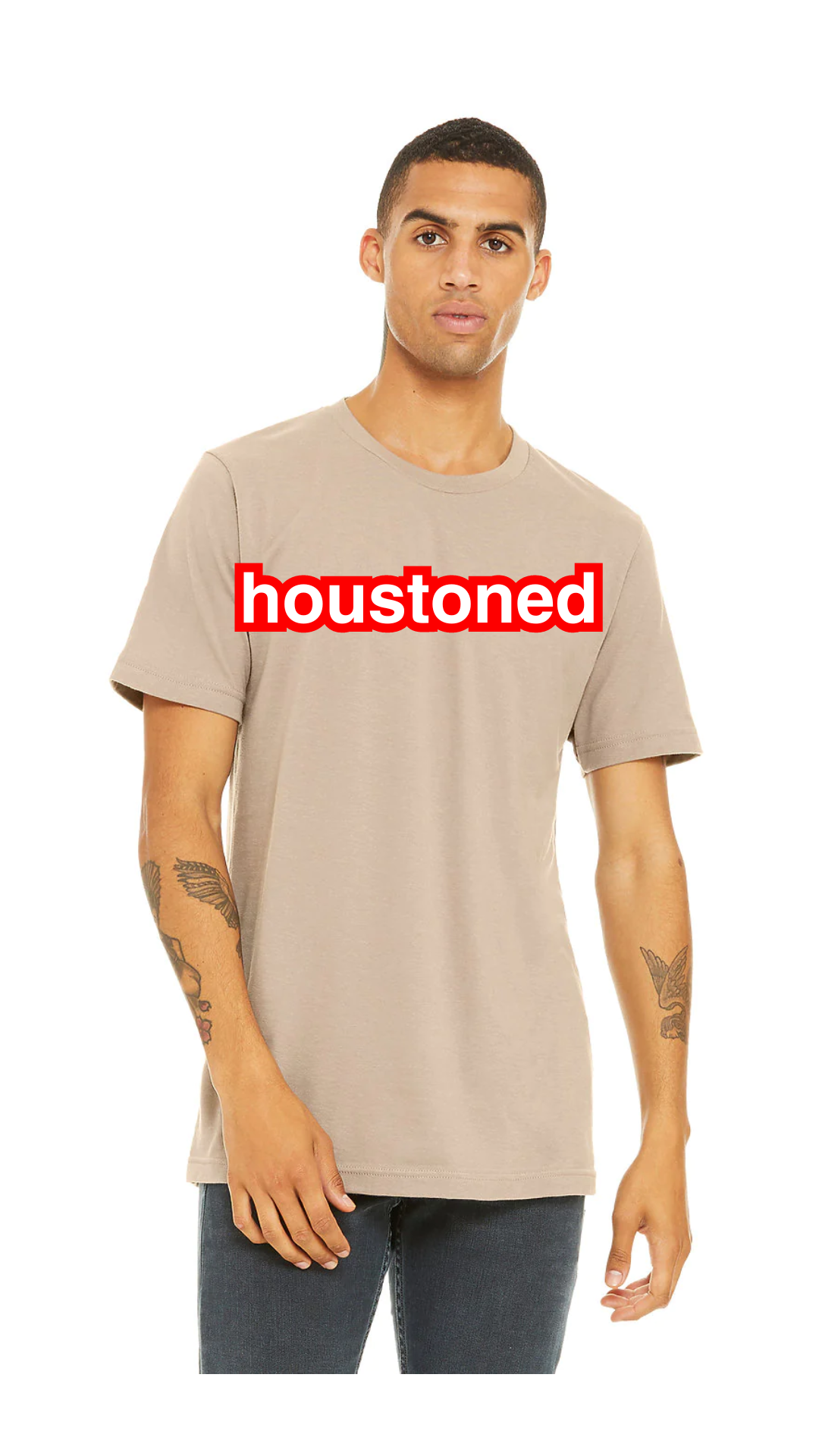 Red logo tan tee